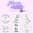 Load image into Gallery viewer, Collection of circular stamps with cartoon animals and text on a pink background, featuring the brand 'Bloom & Bark'.