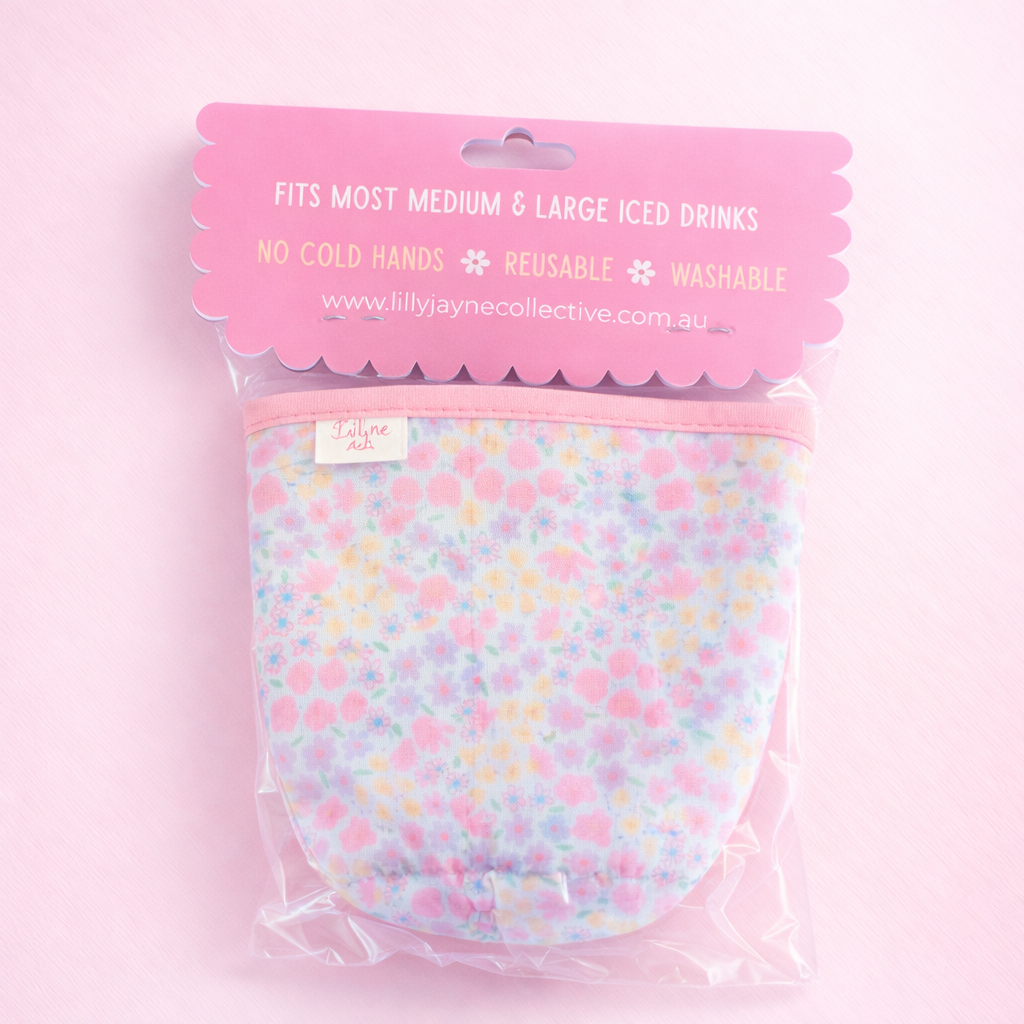 Pastel Garden - Rayni Cup Cozy – Pink & Floral Reusable Coffee Sleeve (16oz)