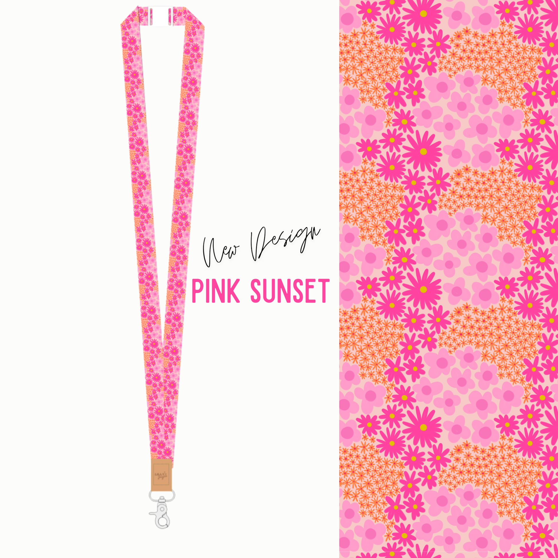 Floral patterned lanyard with 'Pink Sunset' design on a white background