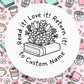 Circular design with a book and flowers, surrounded by coffee cups and decorative elements on a pink background.