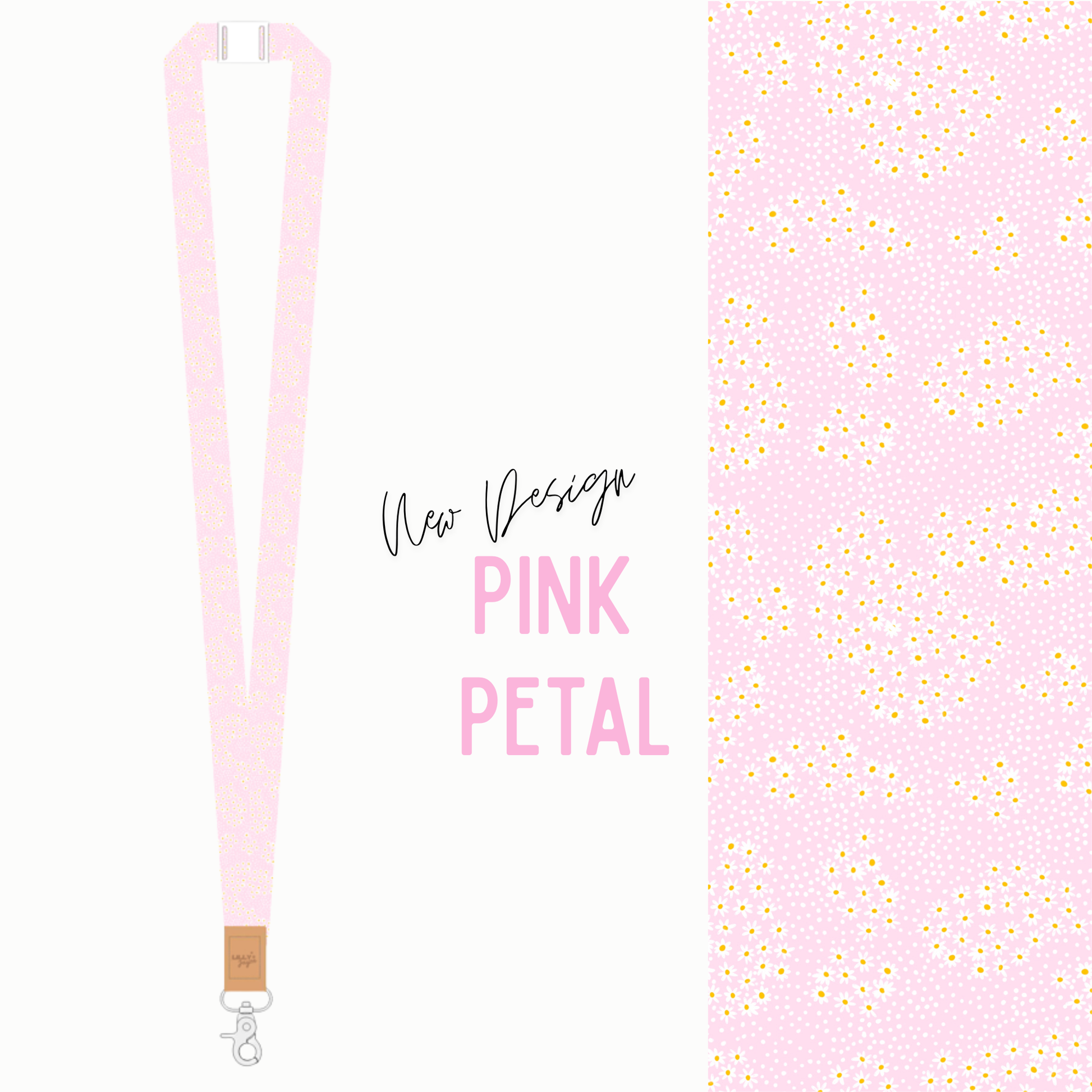 Pink lanyard with 'New Design Pink Petal' text and gold accent on a white background
