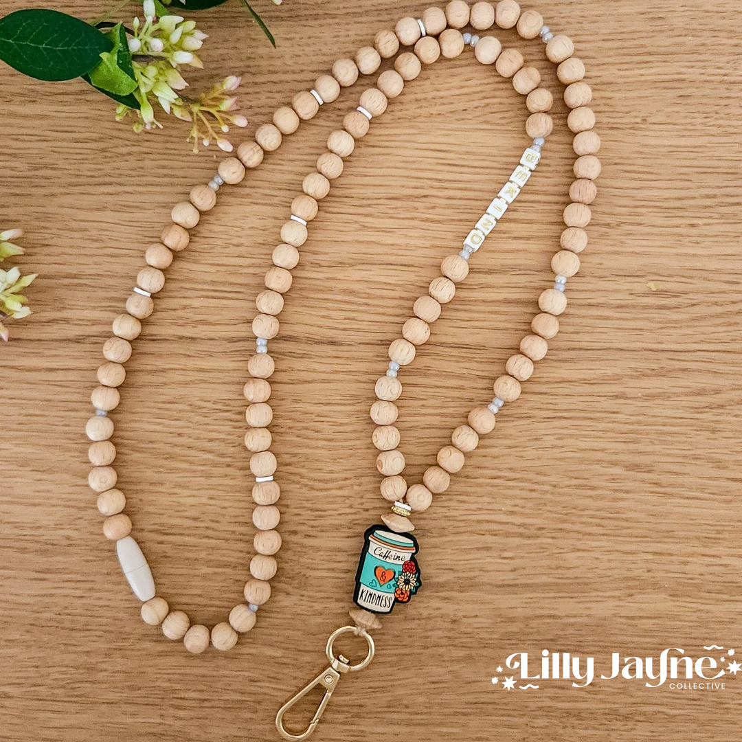 Wooden Bead Personalised Lanyard - Coffee and Kindness