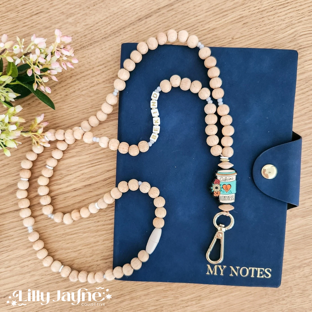 Wooden Bead Personalised Lanyard - Coffee and Kindness