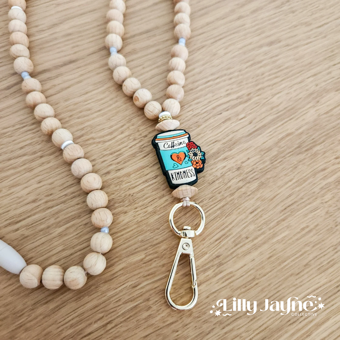 Wooden Bead Personalised Lanyard - Coffee and Kindness