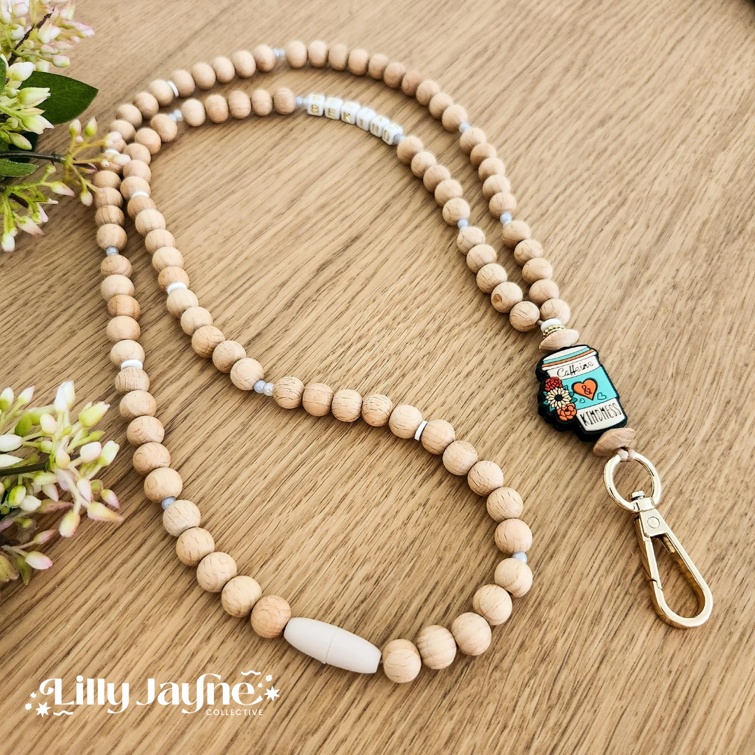 Wooden Bead Personalised Lanyard - Coffee and Kindness