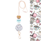Decorative badge holder with cartoon illustrations on a white background