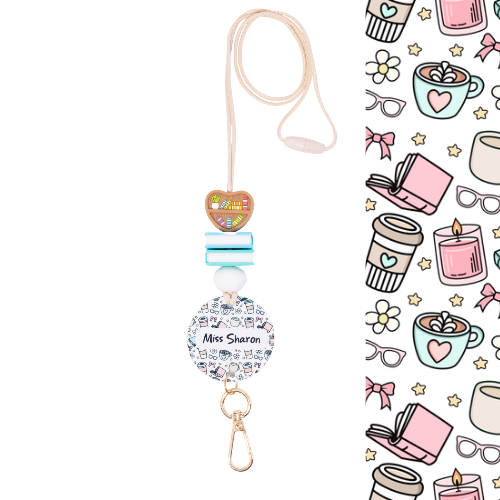 Decorative badge holder with cartoon illustrations on a white background
