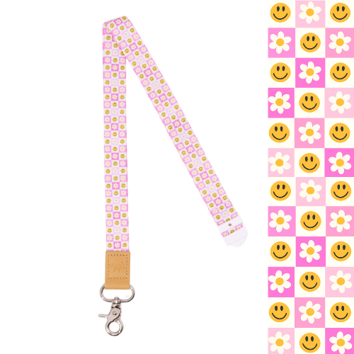 Smiley face lanyard with pink white and yellow