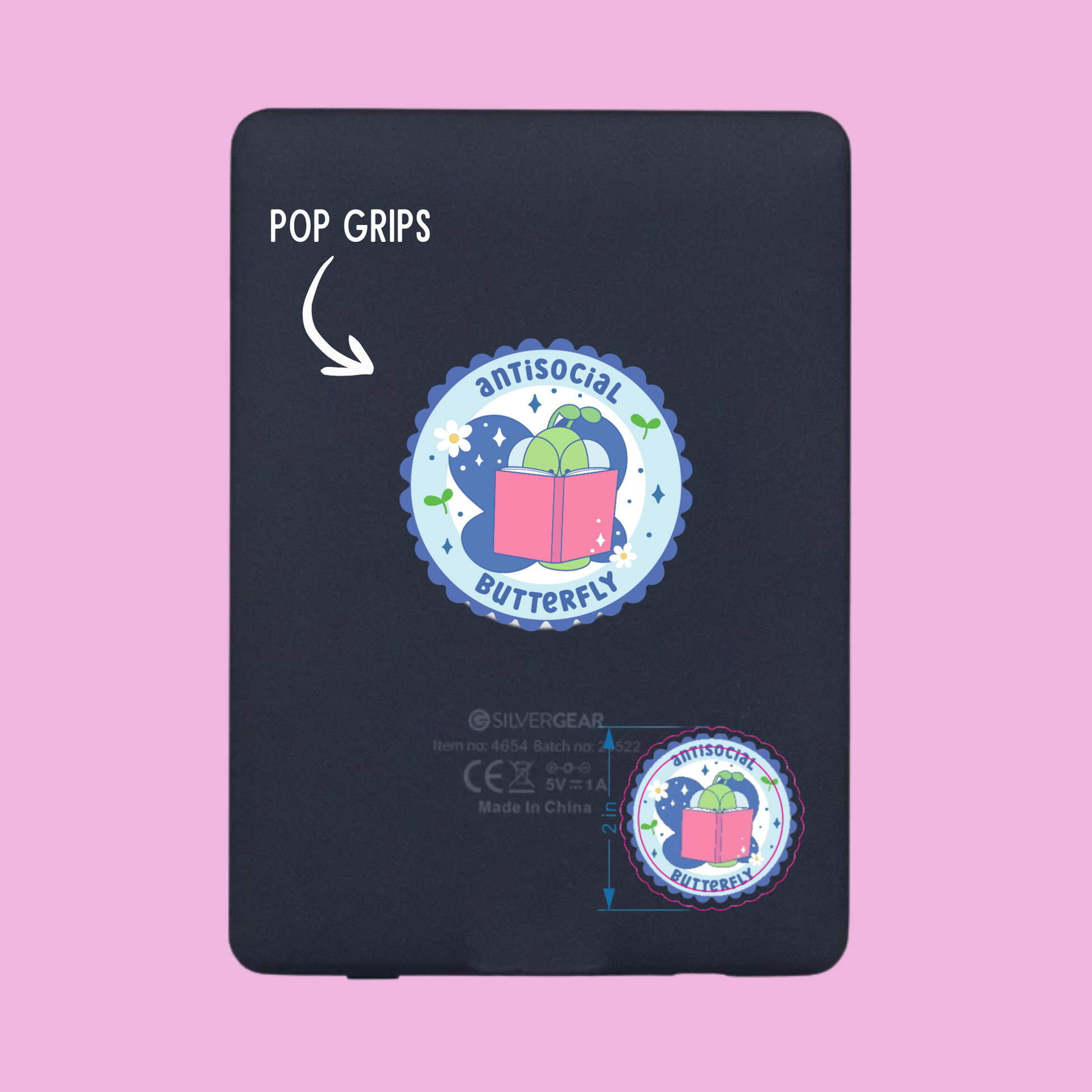 Black phone grip with 'Antisocial Butterfly' design on a pink background