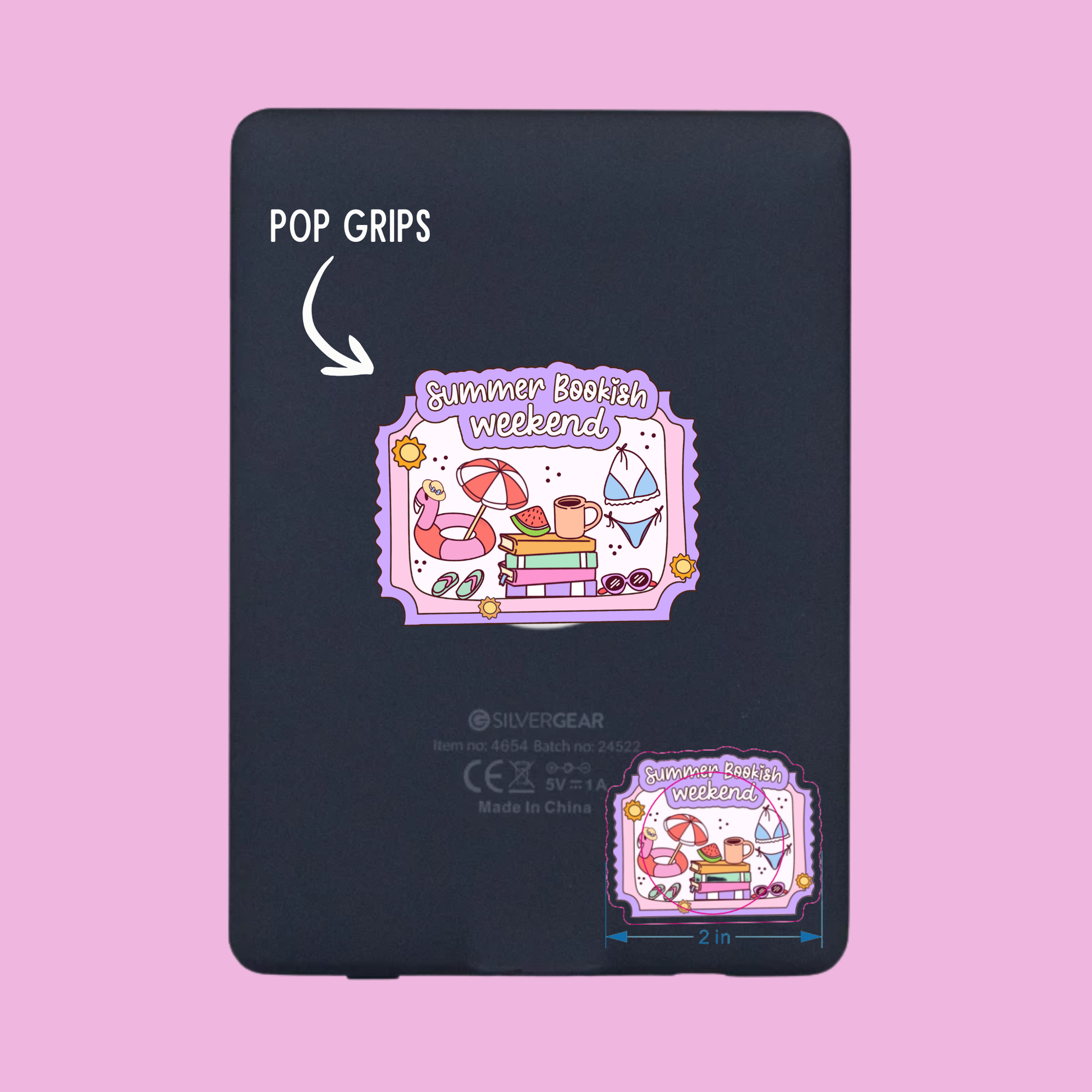Black phone grip with 'Summer Bookish Weekend' design on a pink background