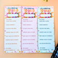 Three colorful reading logs on a wooden surface