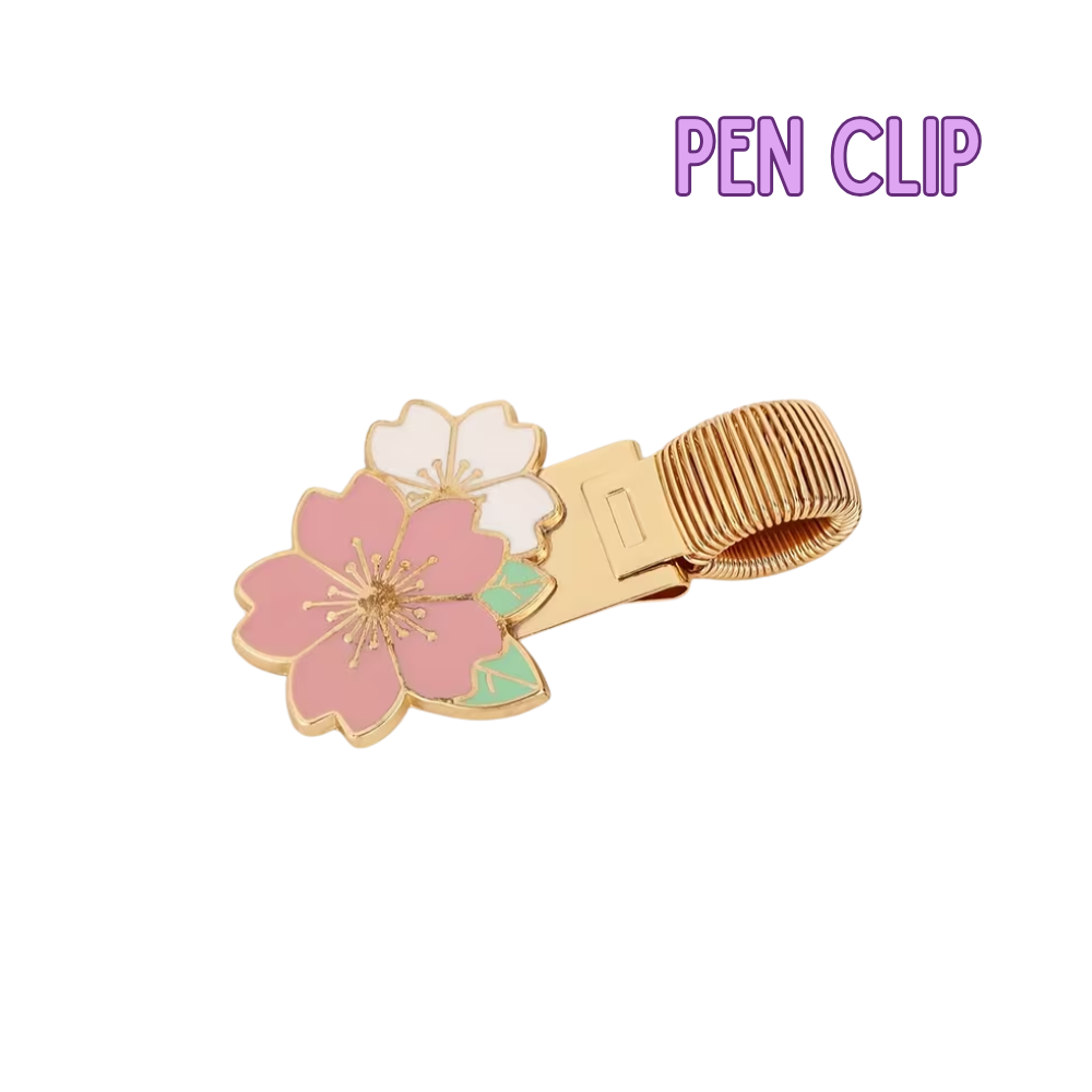 Pen clip with floral design on a white background