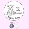 Load image into Gallery viewer, Circular design with a pig illustration and text on a pink background, featuring branding elements.
