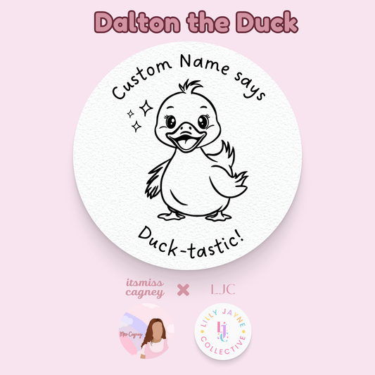 Promotional image for Duck-tastic Personalised Teacher Stamp featuring an illustration of a smiling duck with the text 'Custom Name says Duck-tastic!' and spaces for personalization.
