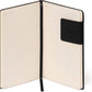 Notebook with black leather cover and visible brand logo on a white background