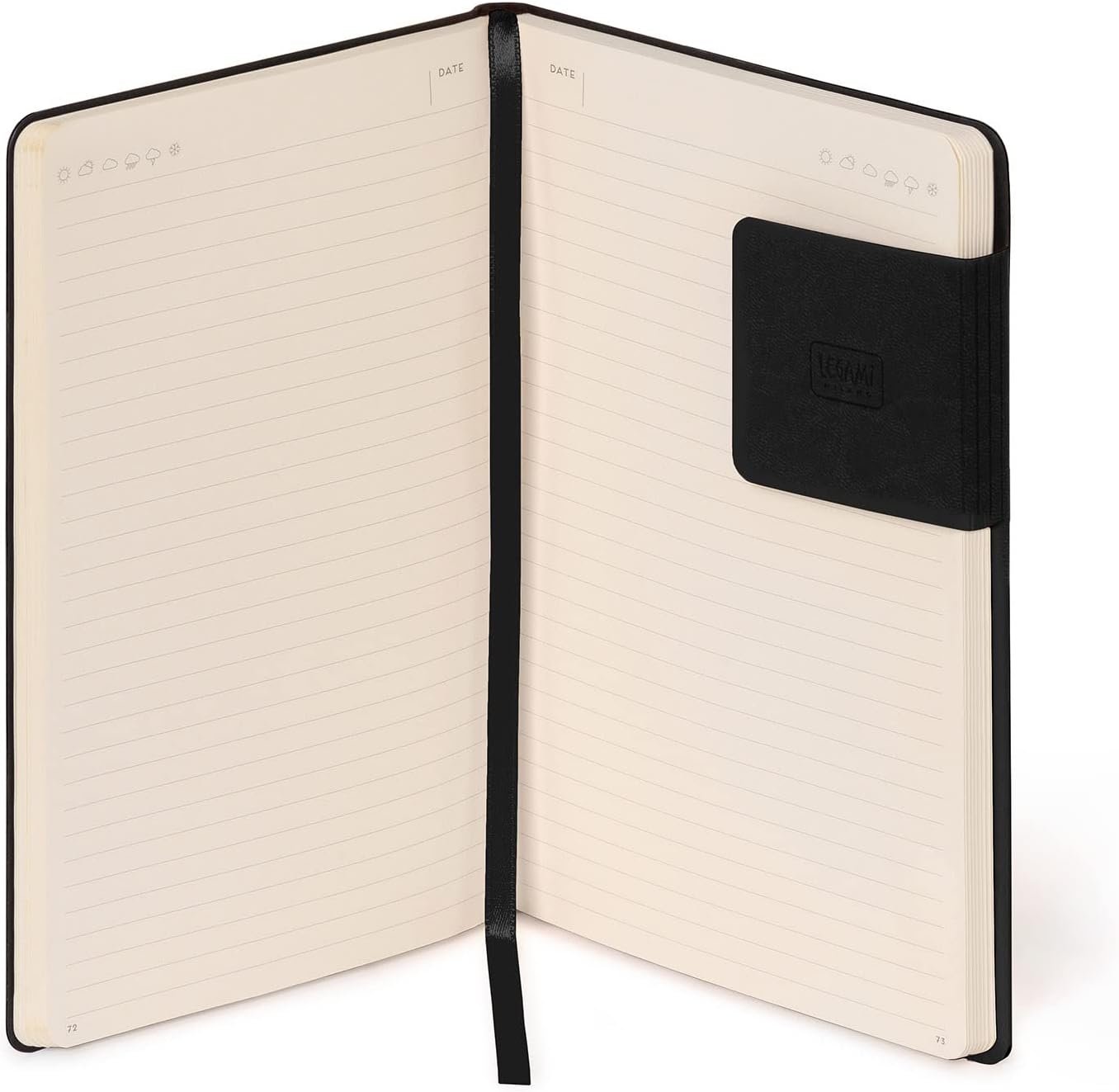 Notebook with black leather cover and visible brand logo on a white background