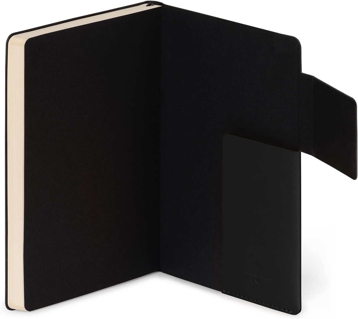 Black notebook with a white edge on a white background