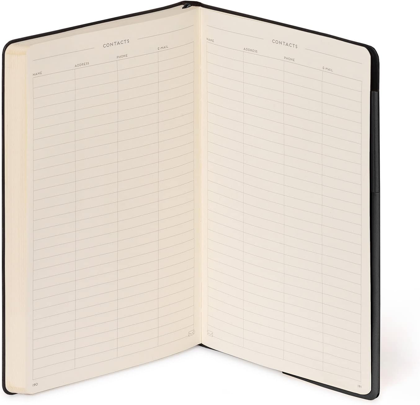 Open notebook with contact pages on a white background