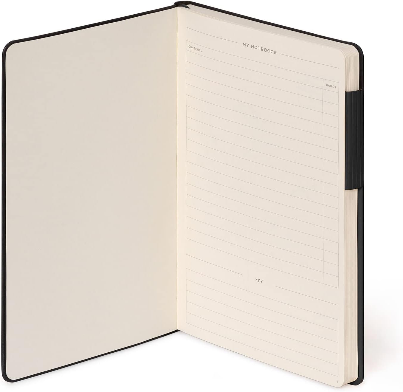 Open notebook with black binding on a white background