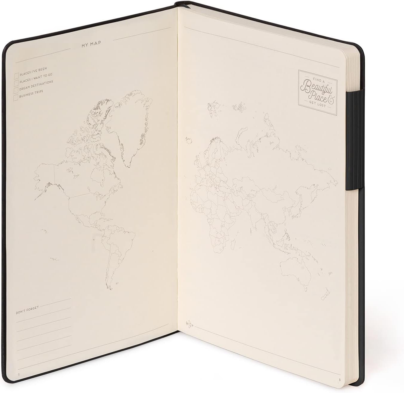 Open notebook with world map design on beige pages, black binding