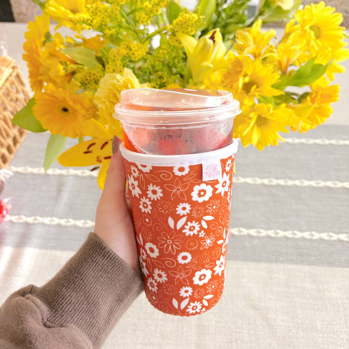 Ellē Nicole Coffee Cup Cover - Thankful Florals Orange: Small / 16oz