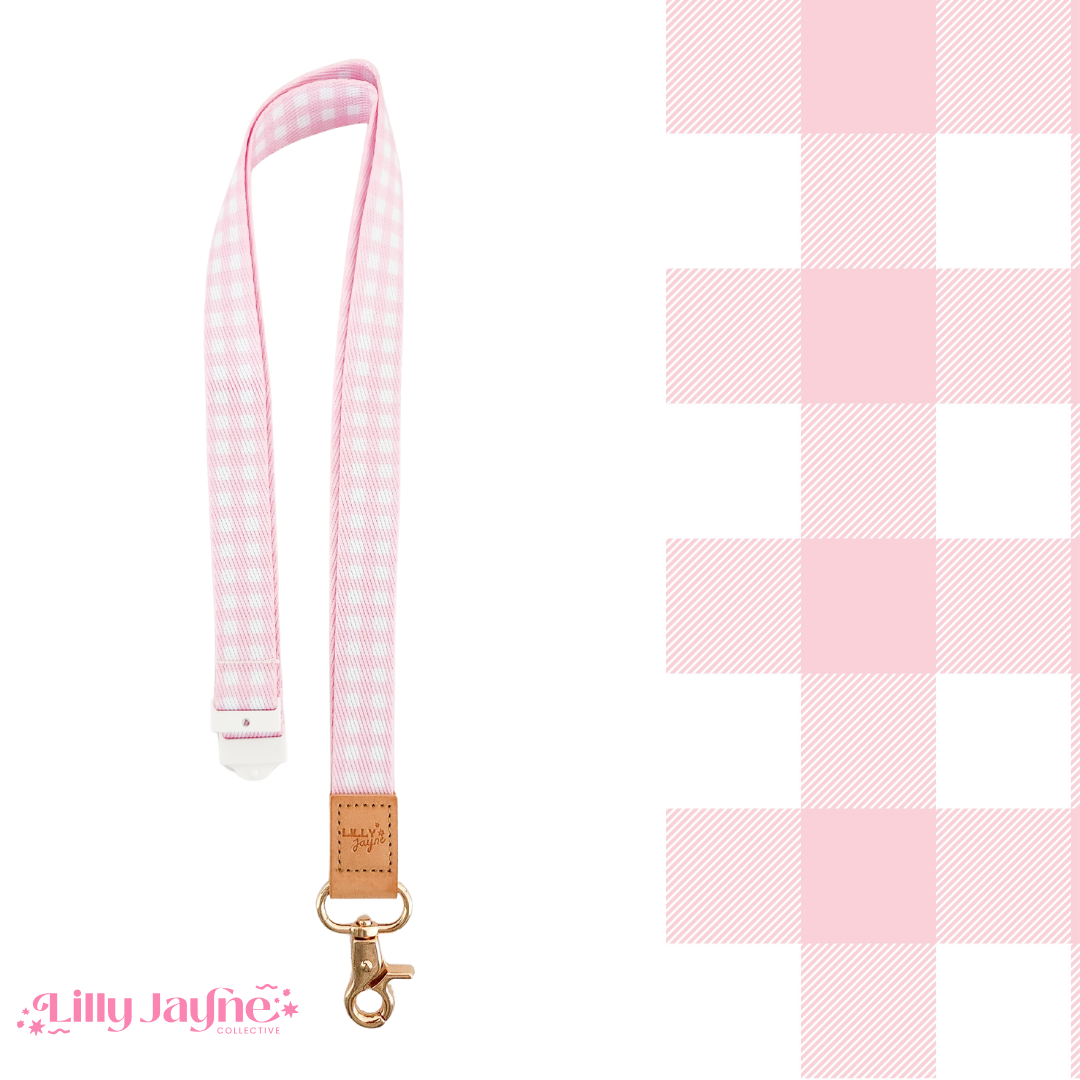 Pink Gingham Fabric Lanyard