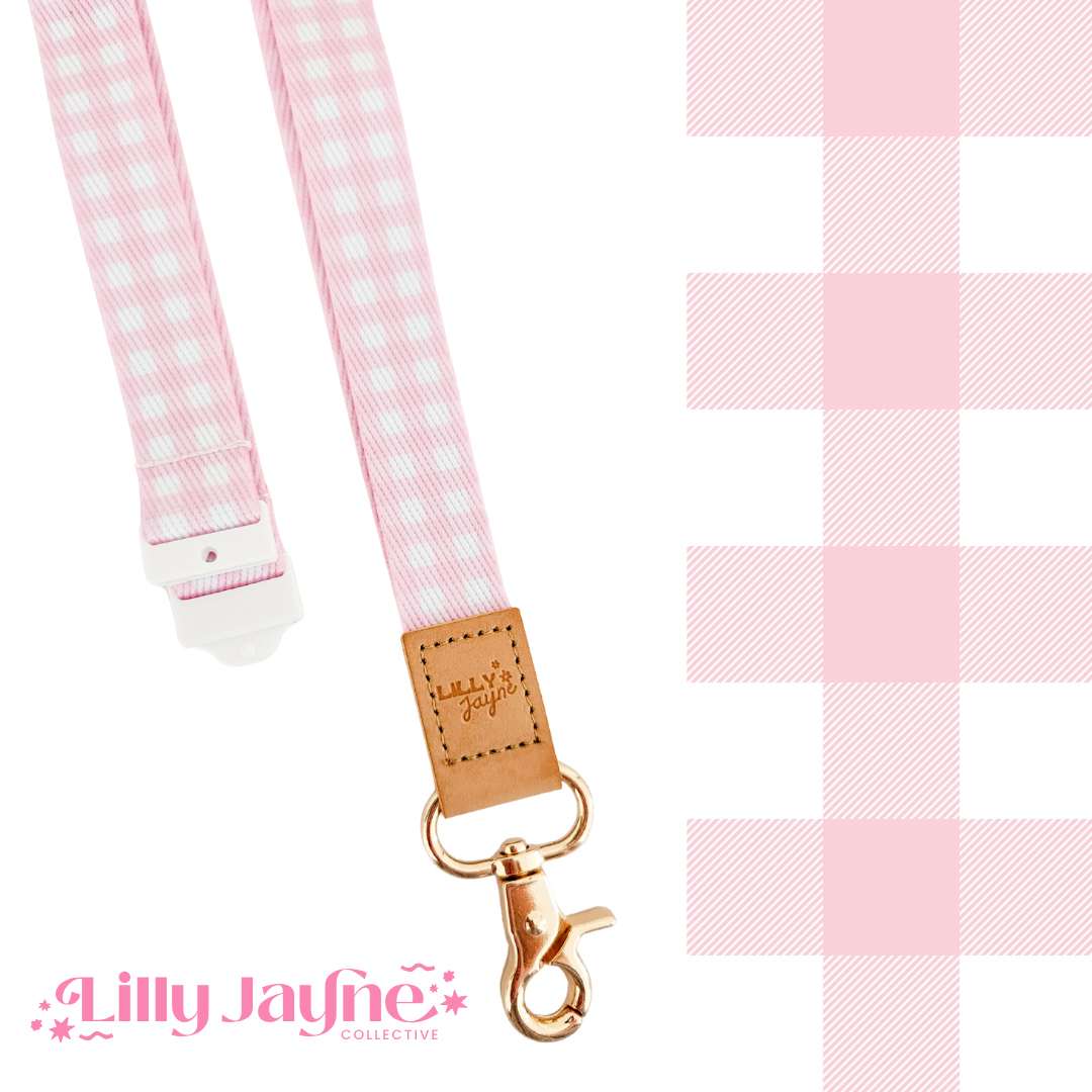 Pink Gingham Fabric Lanyard