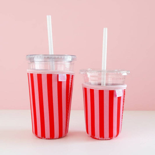 Ellē Nicole Coffee Cup Cover - Pink & Red Stripes - Iced Drink Sleeve: Small / 16oz