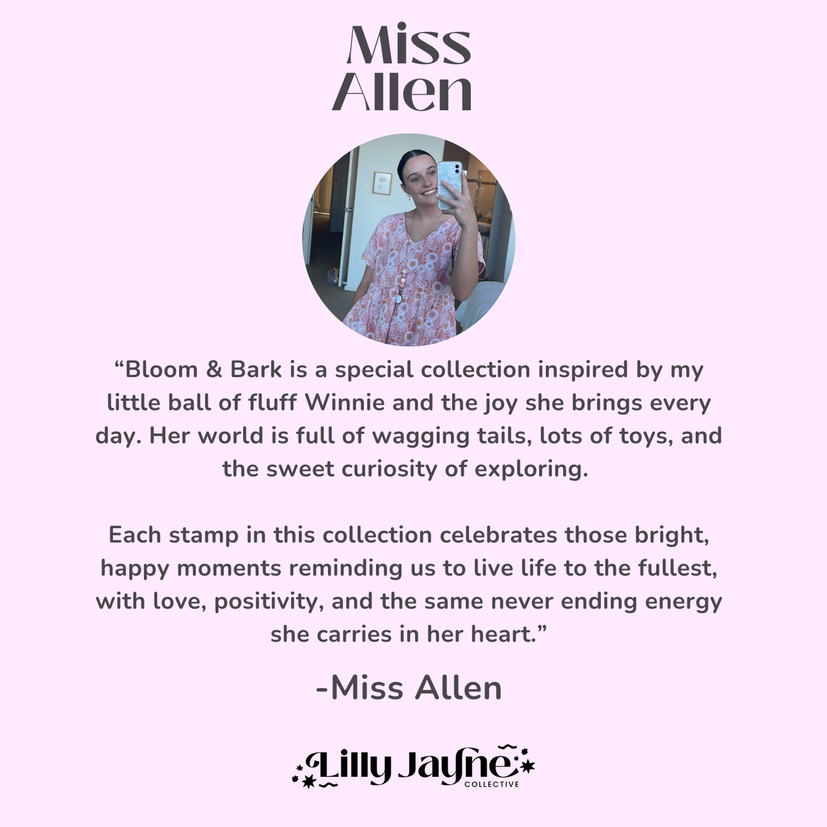 Text and image of a woman with 'Miss Allen' branding on a light purple background
