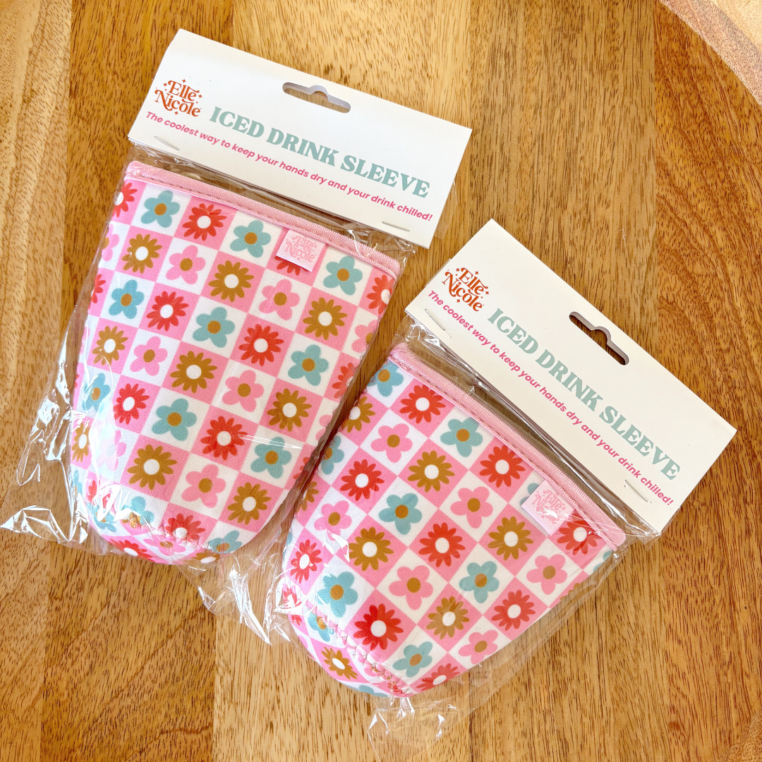 Ellē Nicole Coffee Cup Cover - Checkered Floral - Iced Drink Sleeve: Small / 16oz