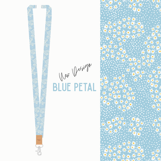 Lanyard with blue petal design on a white background
