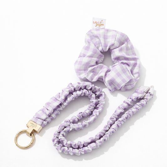 Purple scrunchie and scrunchie lanyard set set on a white background