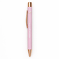 Pink pen with rose gold accents on a white background