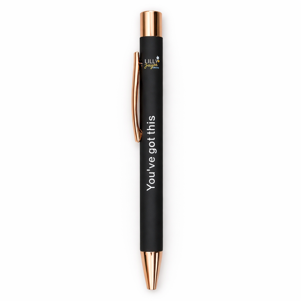 Black pen with rose gold accents and 'You've got this' text on a white background
