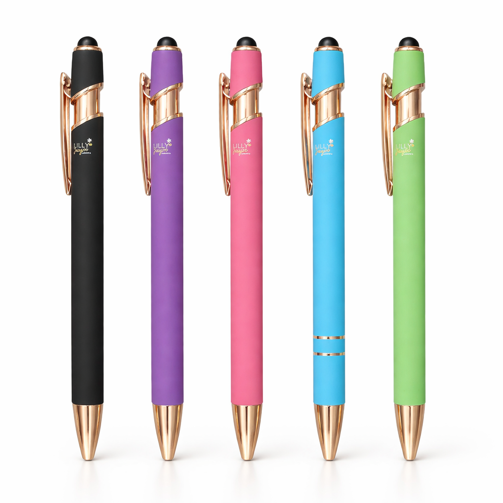 Five colorful pens with rose gold accents on a white background