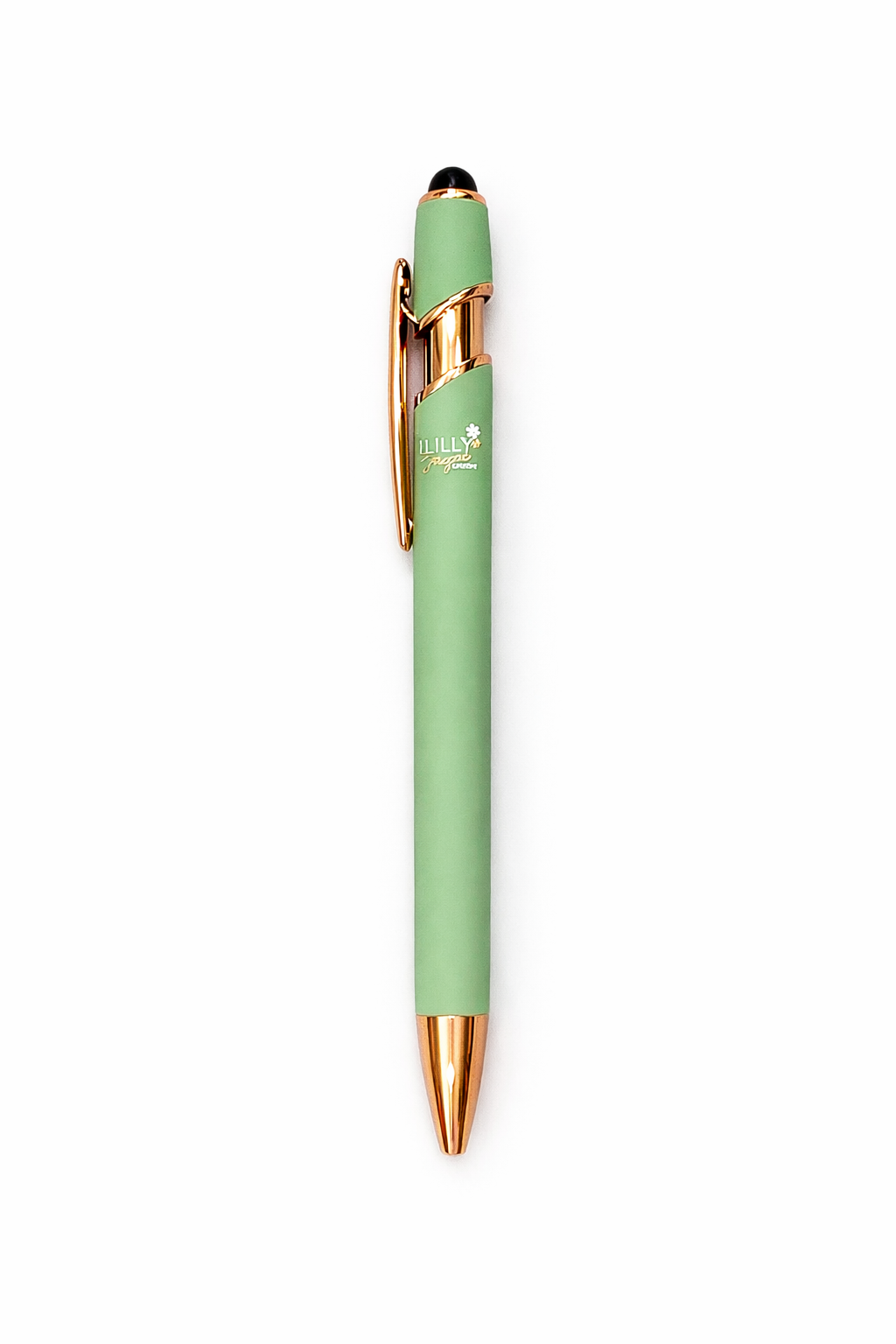 Green pen with gold accents on a white background