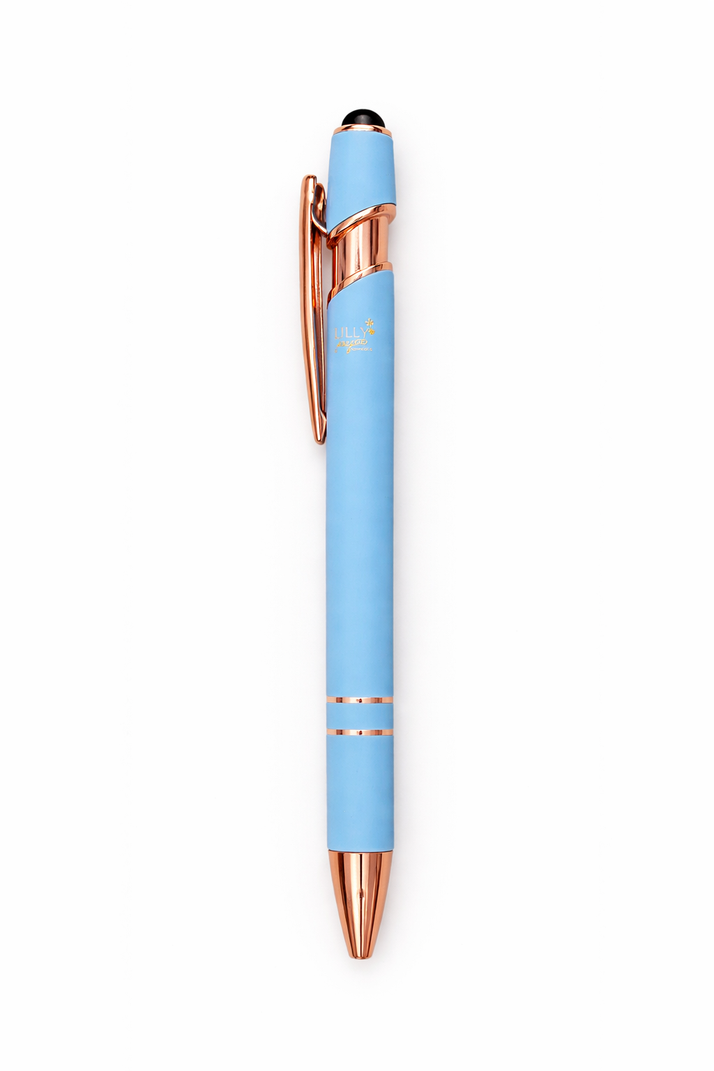 Light blue pen with rose gold accents on a white background