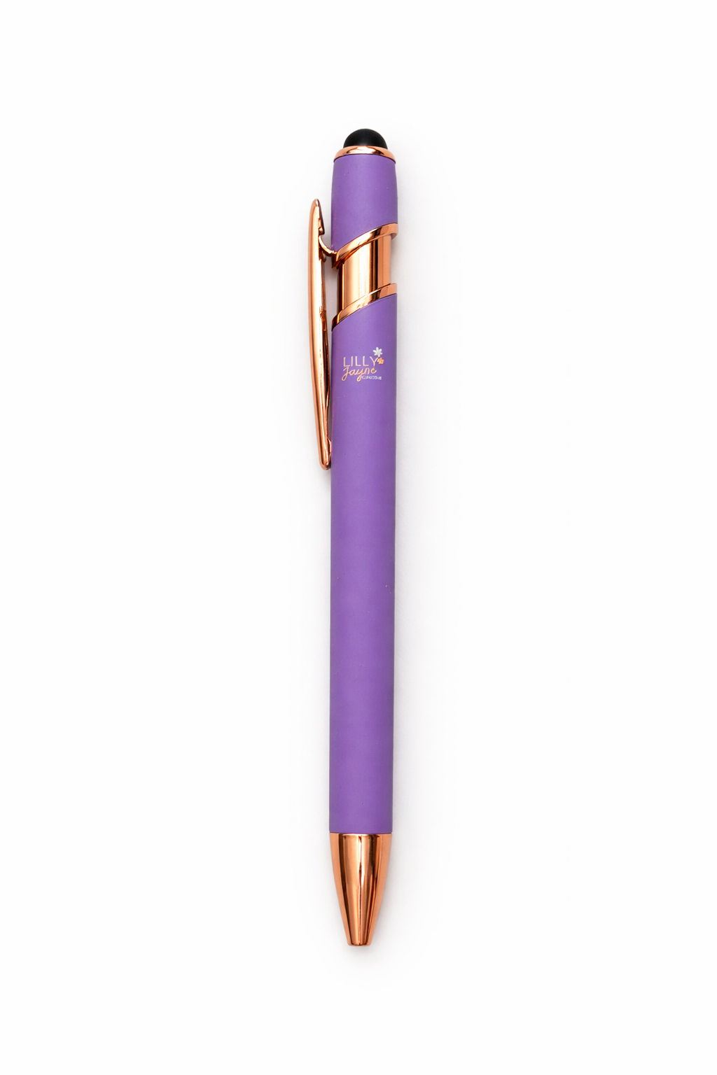 Purple pen with rose gold accents on a white background