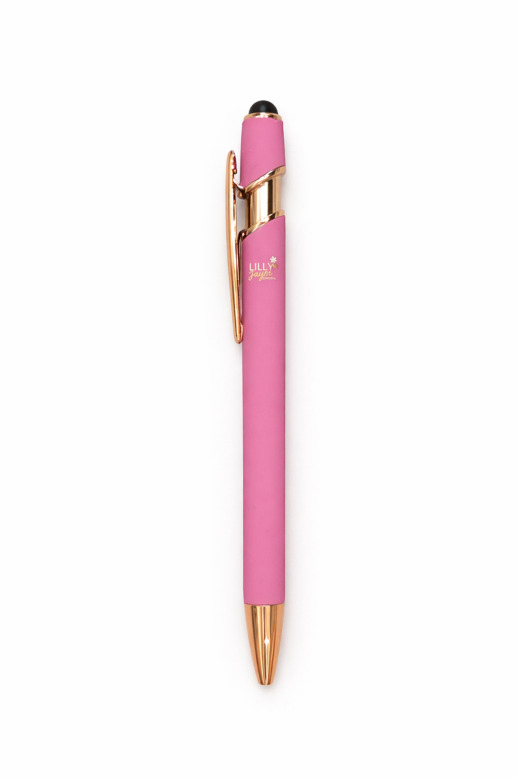 Pink pen with gold accents on a white background
