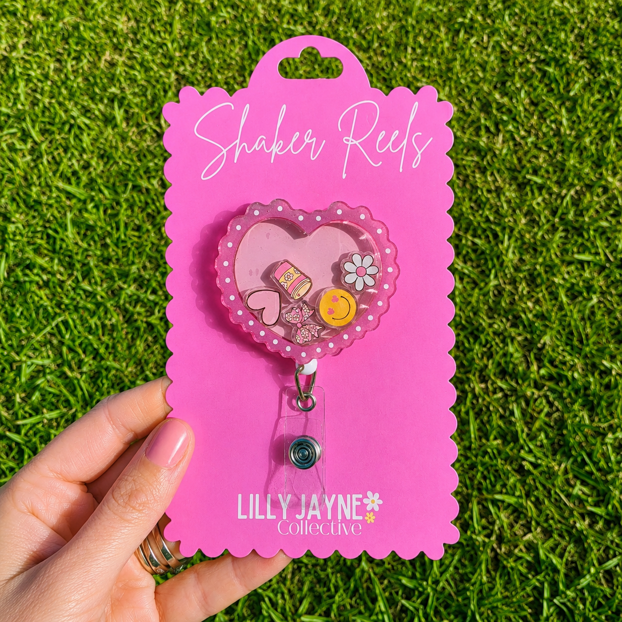 Girlie Gang Pink Heart Shaker Reel Badge