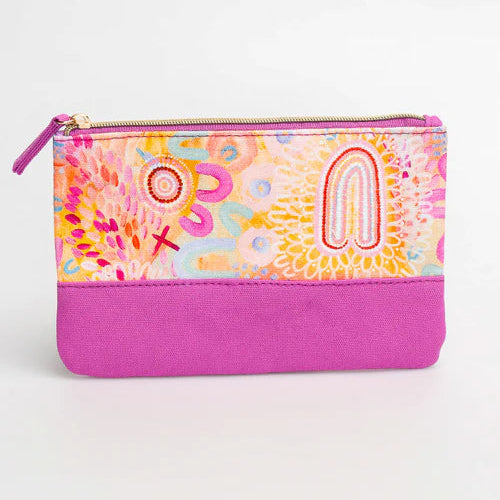 A rectangular zip pouch with a bright pink bottom panel and a colorful floral patterned top panel, shown on a plain white background.