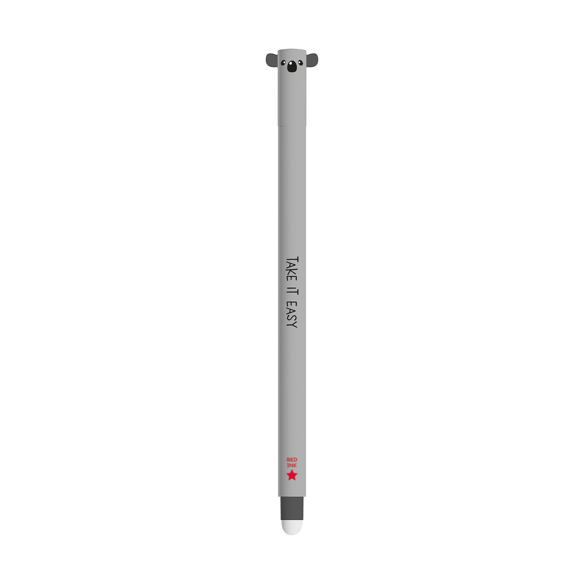 Gray pen with a bear design on top and 'Take It Easy' text on a white background