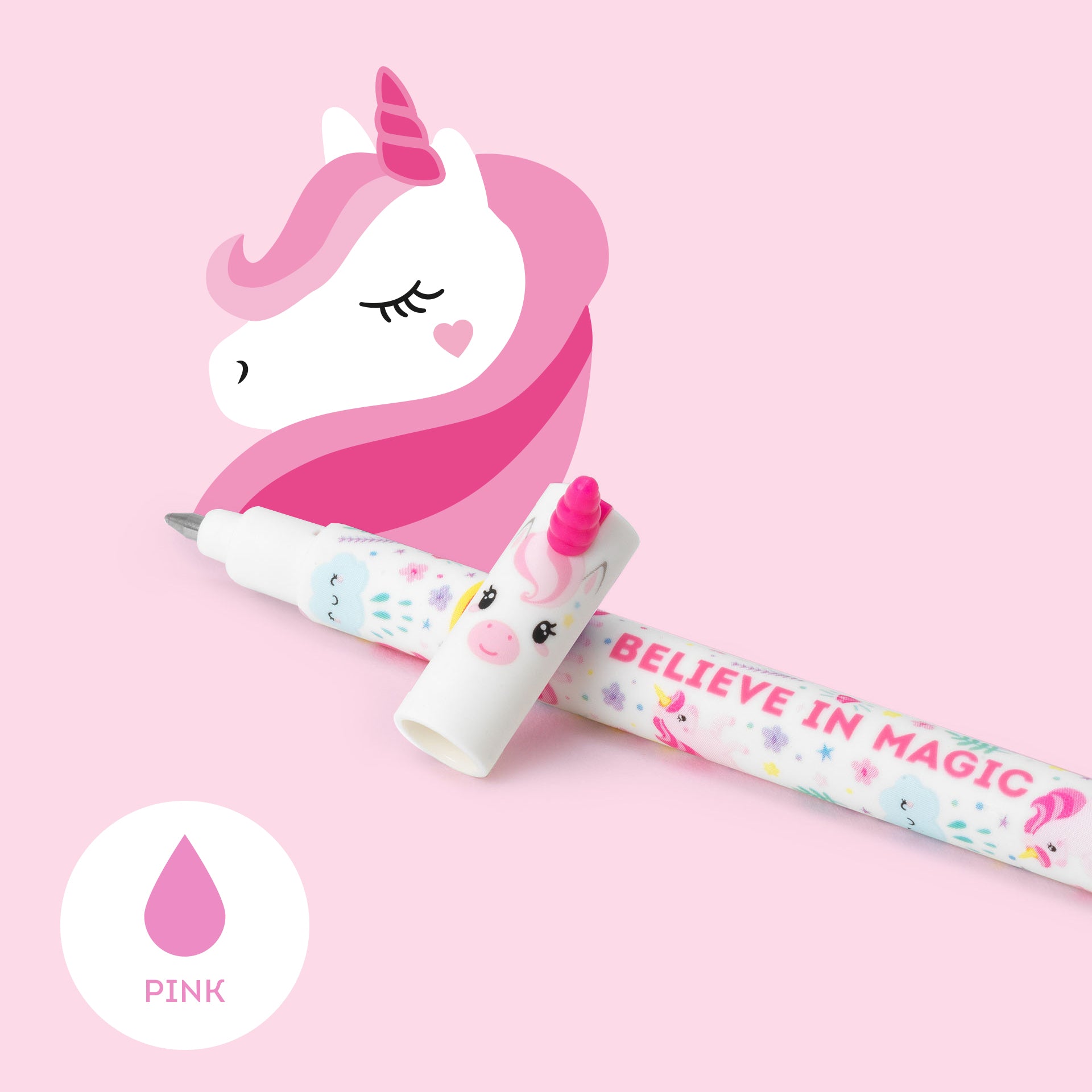 Unicorn-themed pen and eraser set on a pink background with 'Believe in Magic' text.