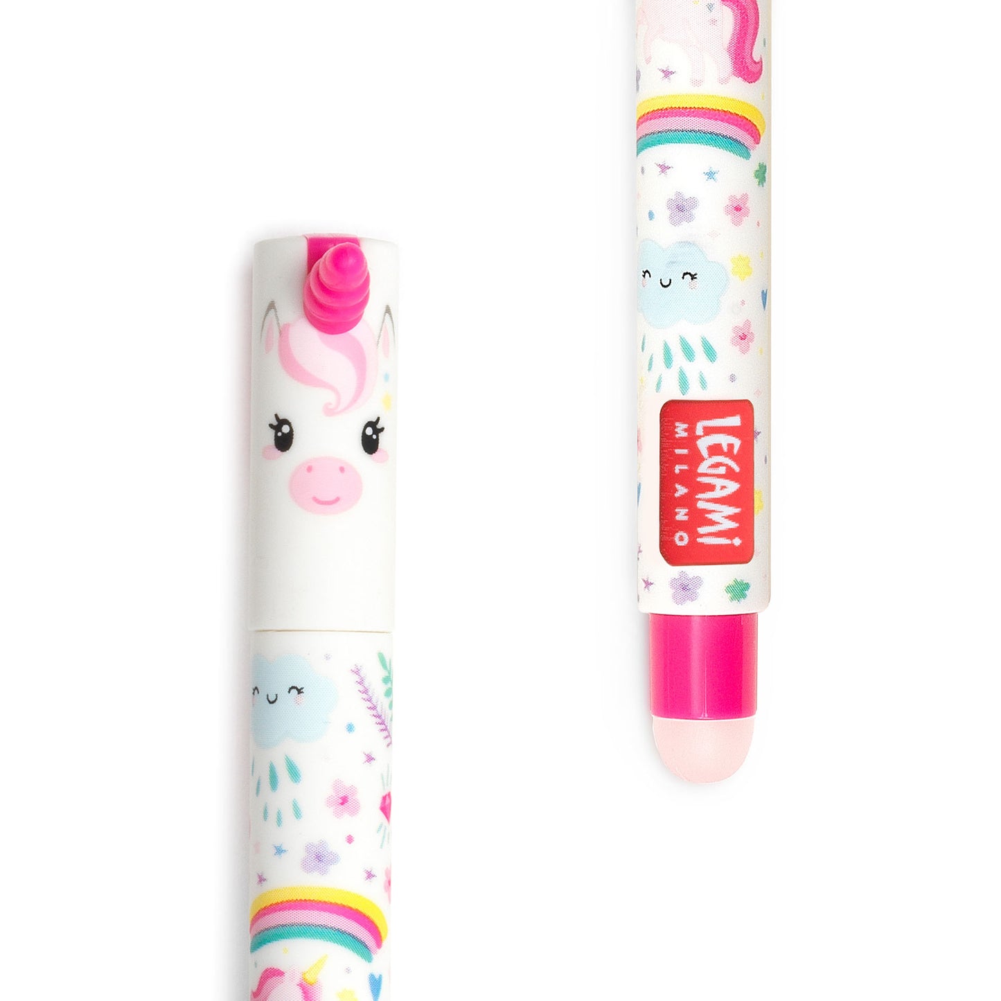 Unicorn-themed lip balm with colorful design on a white background