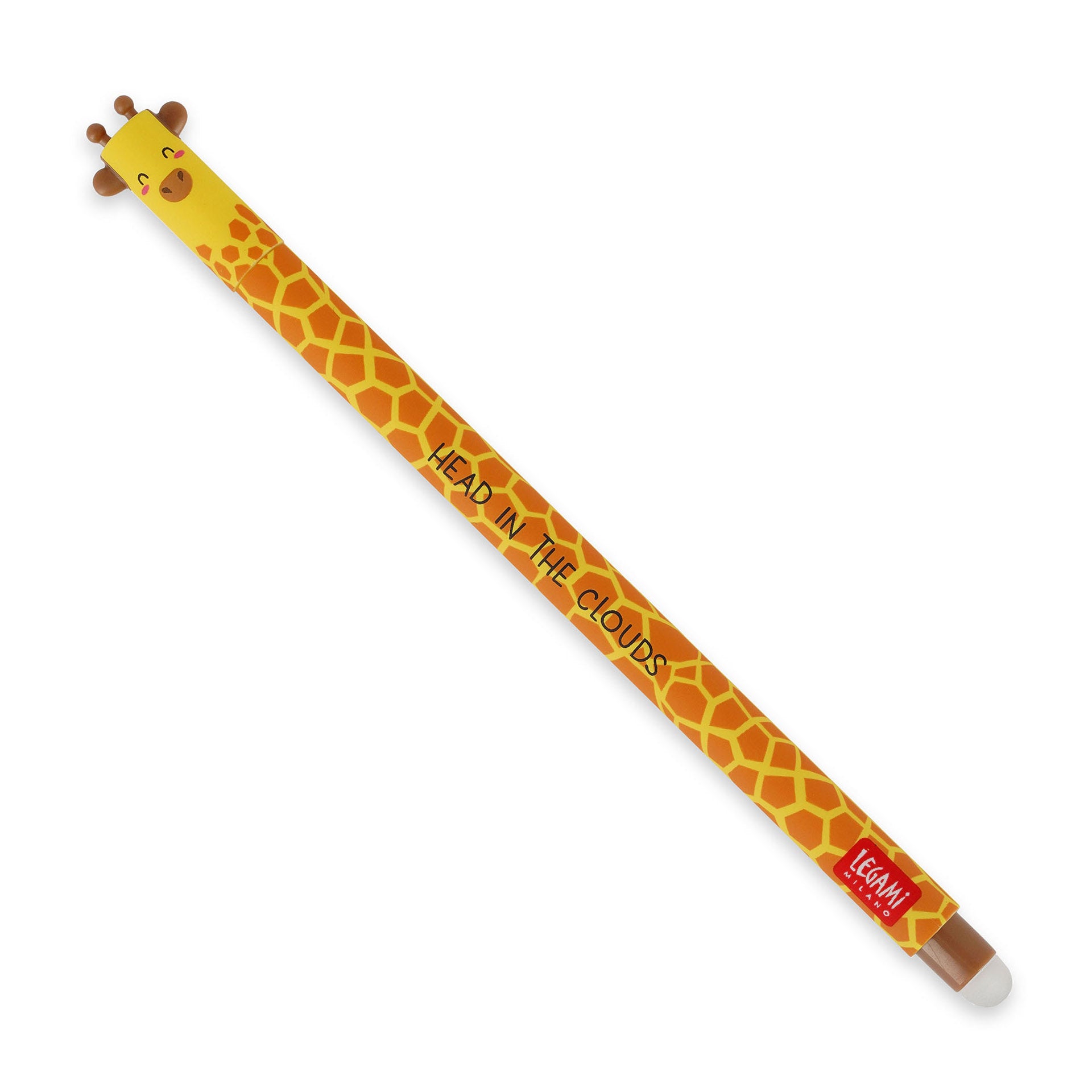 Giraffe-patterned pencil with text on a white background