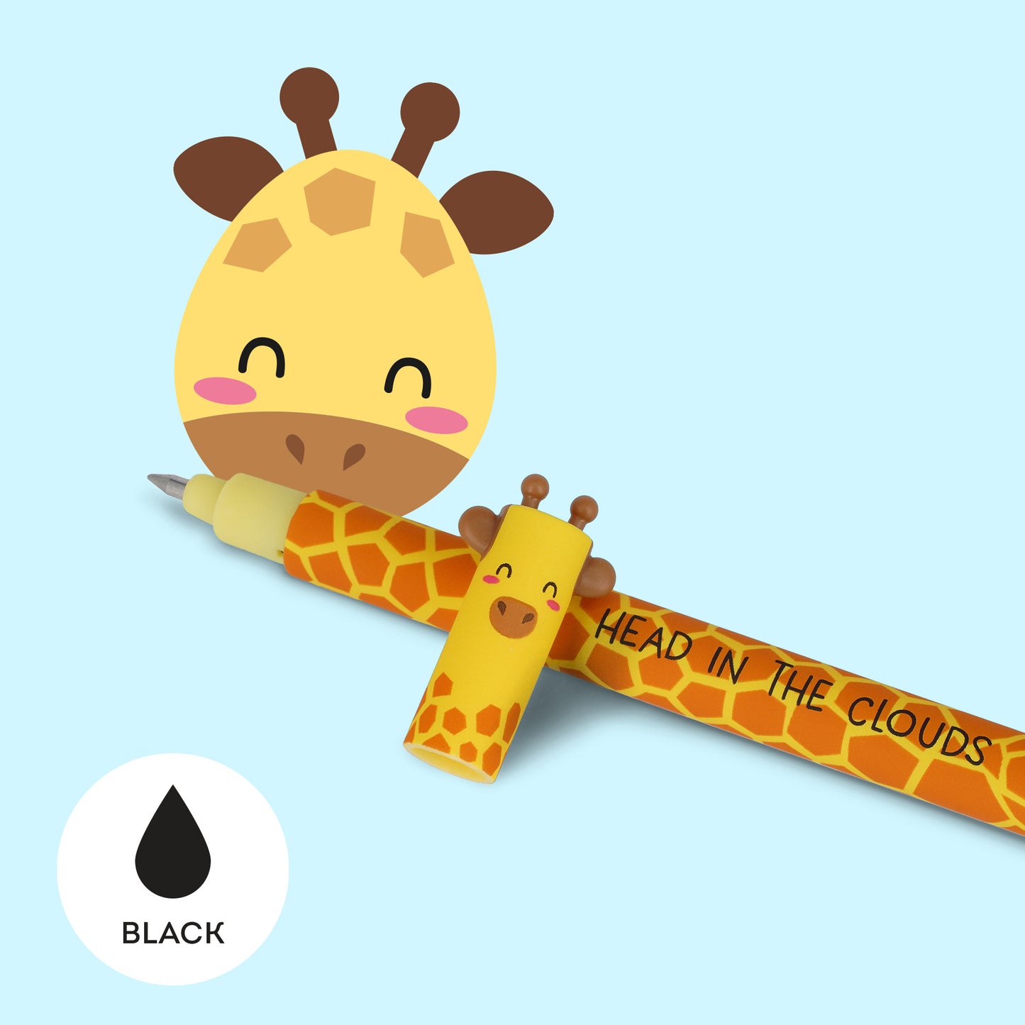 Giraffe-themed pencil with a black eraser on a light blue background