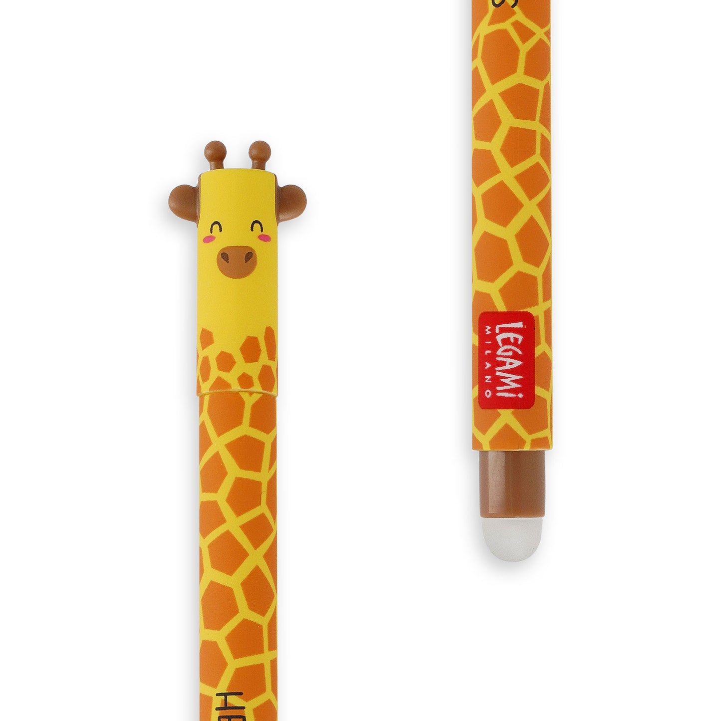 Giraffe-themed pen and case set on a white background