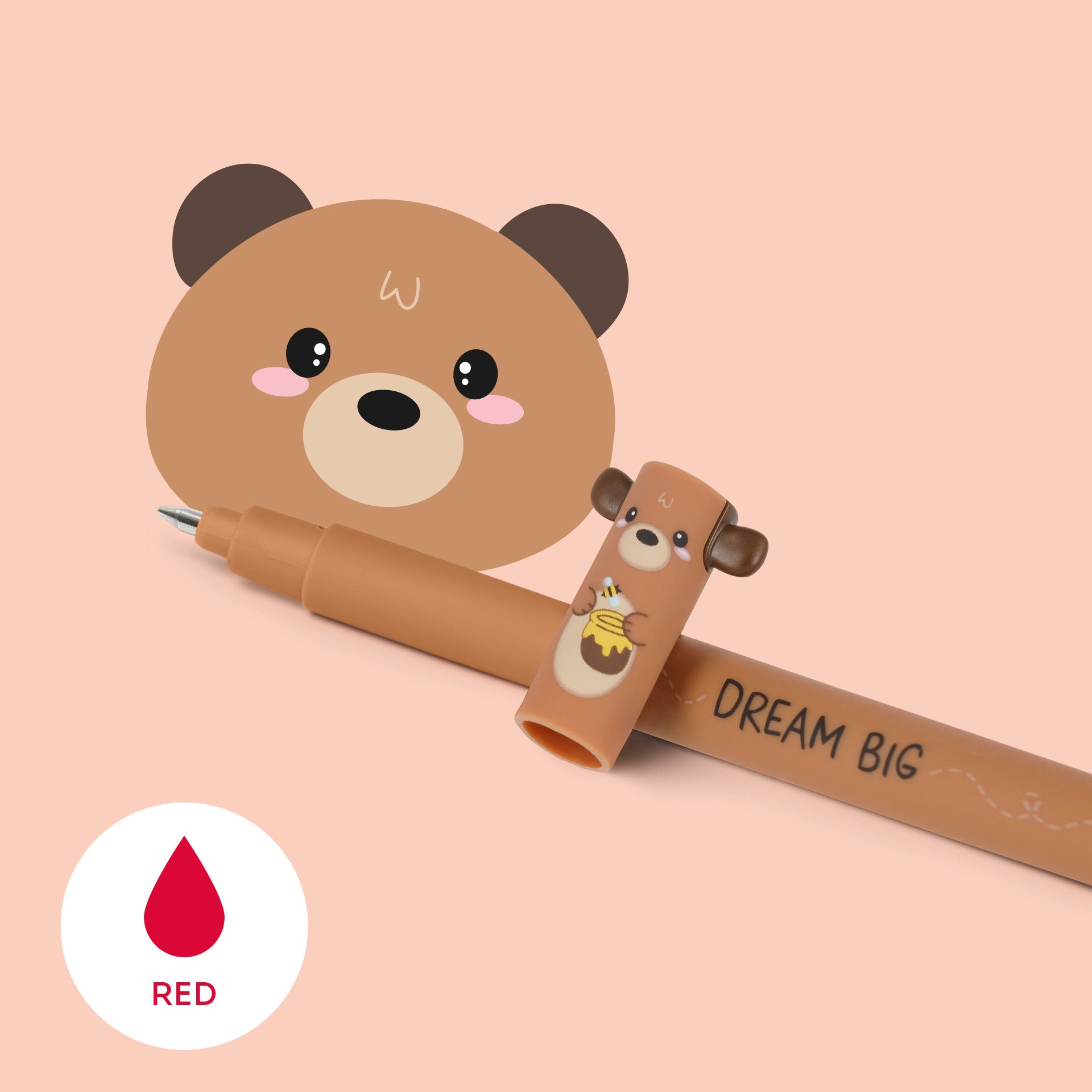 Cartoon bear pencil with a red eraser on a pink background