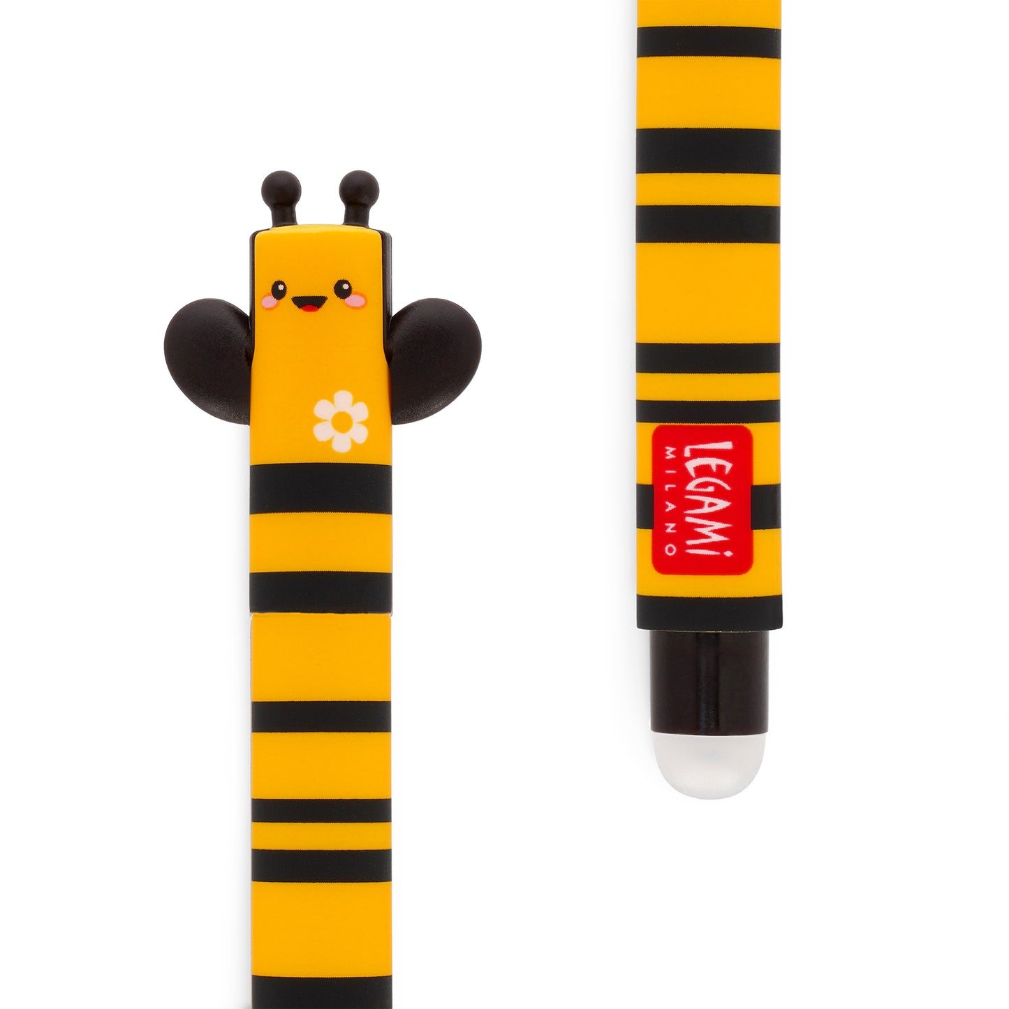 Yellow and black striped pen with bee design on a white background