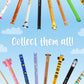 Collection of colorful animal-themed pencils against a blue sky background with clouds.